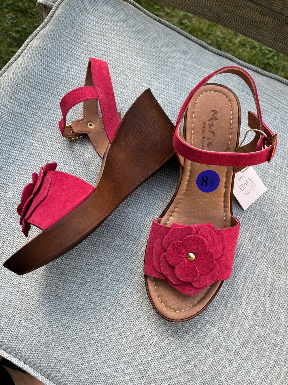 Mariella coral red suede leather strap wedge heels 8.5